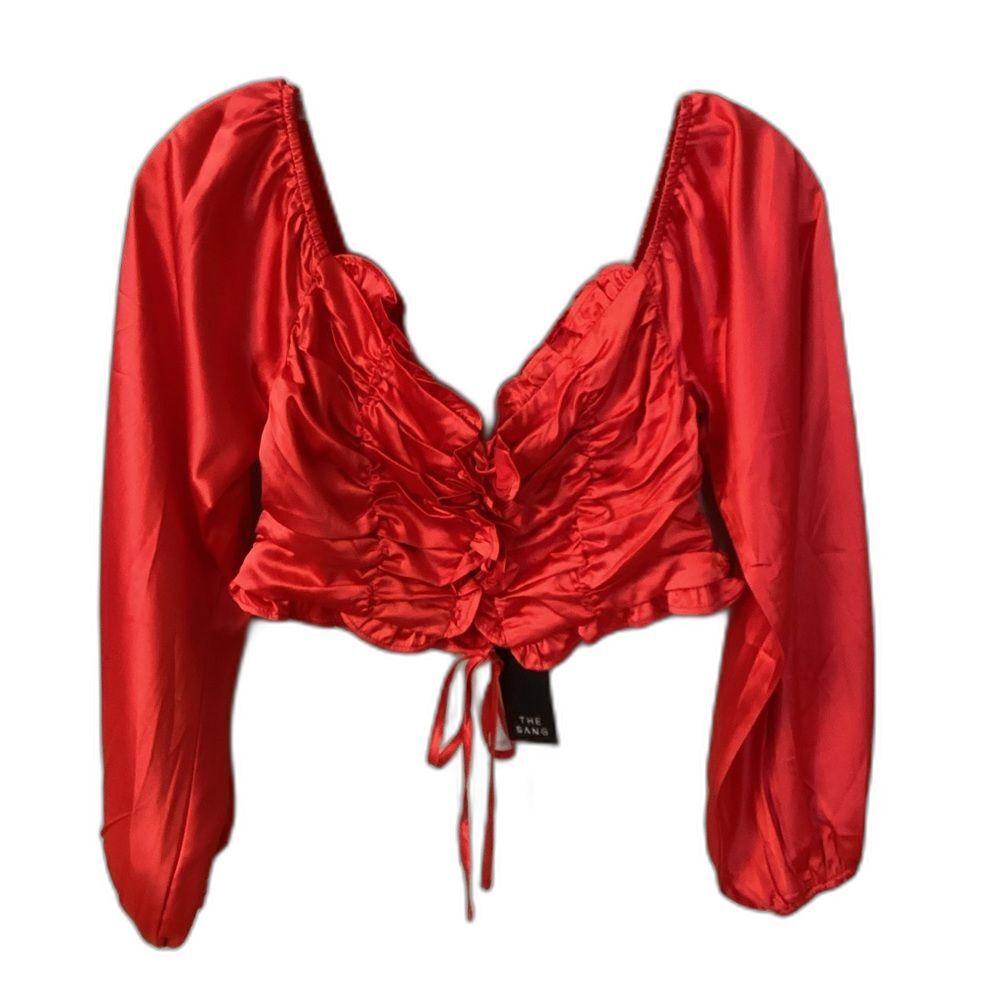 THE SANG NWT SIZE LARGE RED SATIN LACE UP FRONT LONG SLEEVE CROP TOP